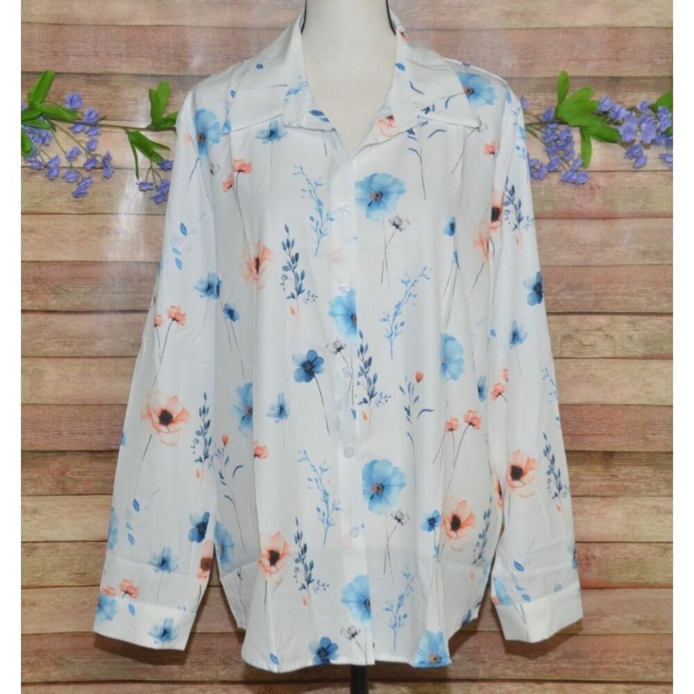 NWT Ladies White Floral Button Up Long Sleeve Blouse Top Size XL Collared Career
